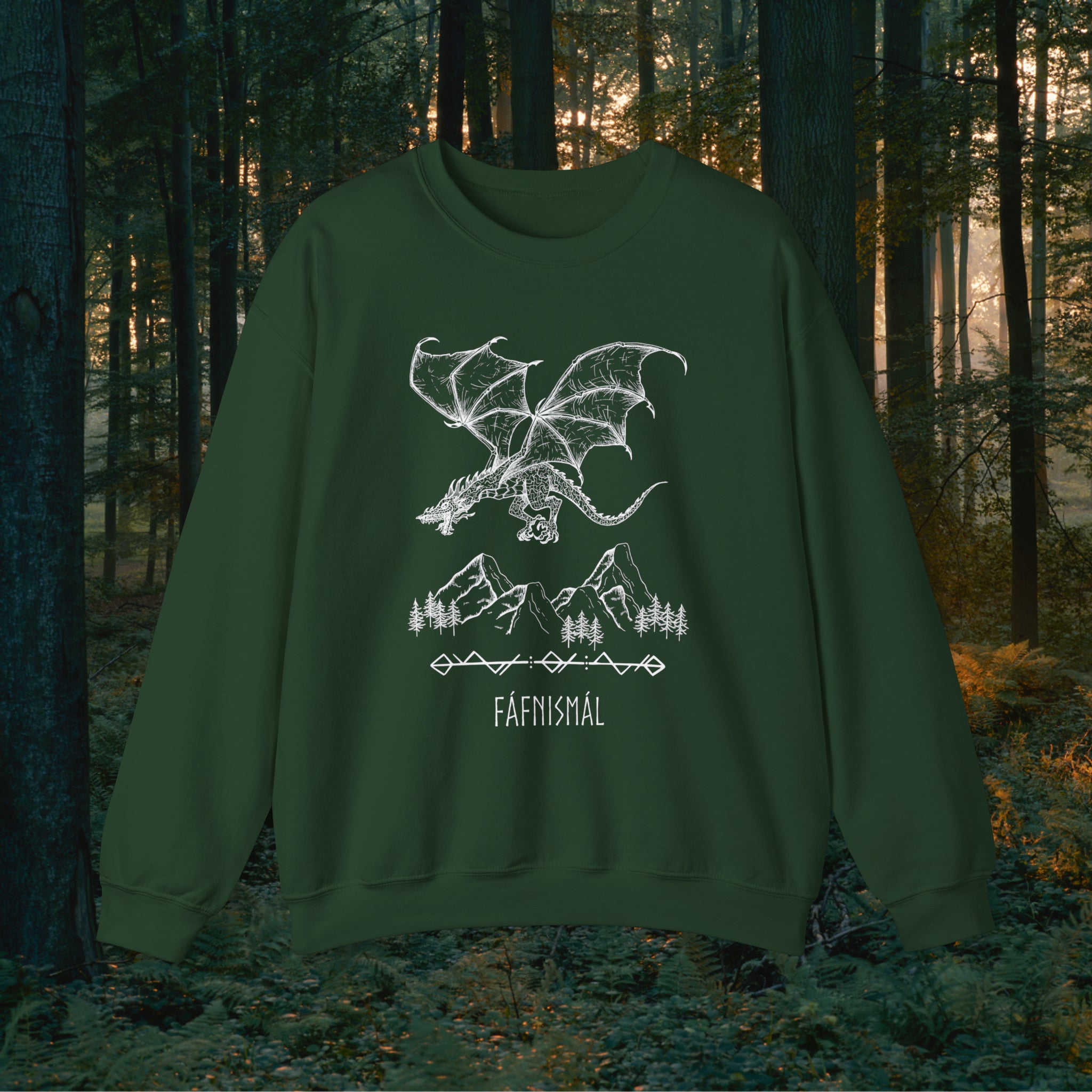 Fáfnismál Crewneck Unisex Sweatshirt Sweatshirt Printify S Forest Green 