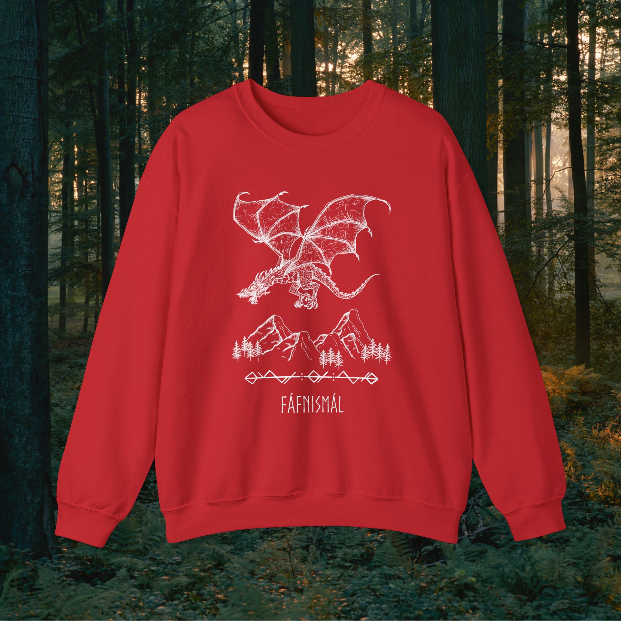 Fáfnismál Crewneck Unisex Sweatshirt Sweatshirt Printify S Red 