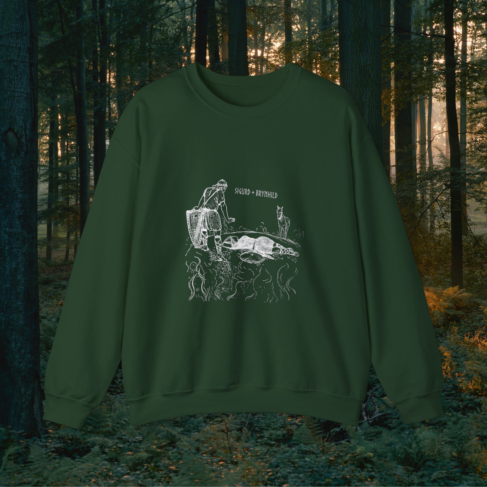 Sigurd + Brynhild Crewneck Unisex Sweatshirt Sweatshirt Printify S Forest Green 