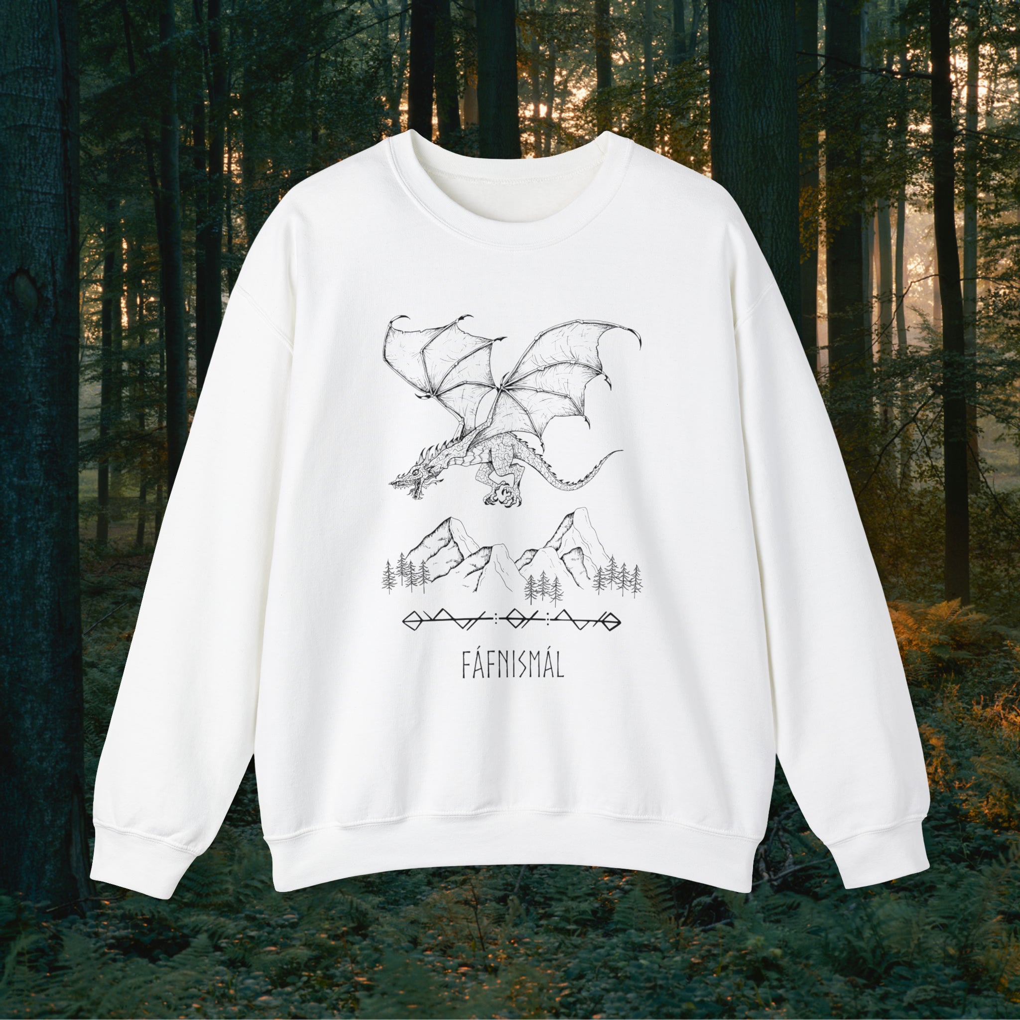 Fáfnismál Crewneck Unisex Sweatshirt Sweatshirt Printify S White 