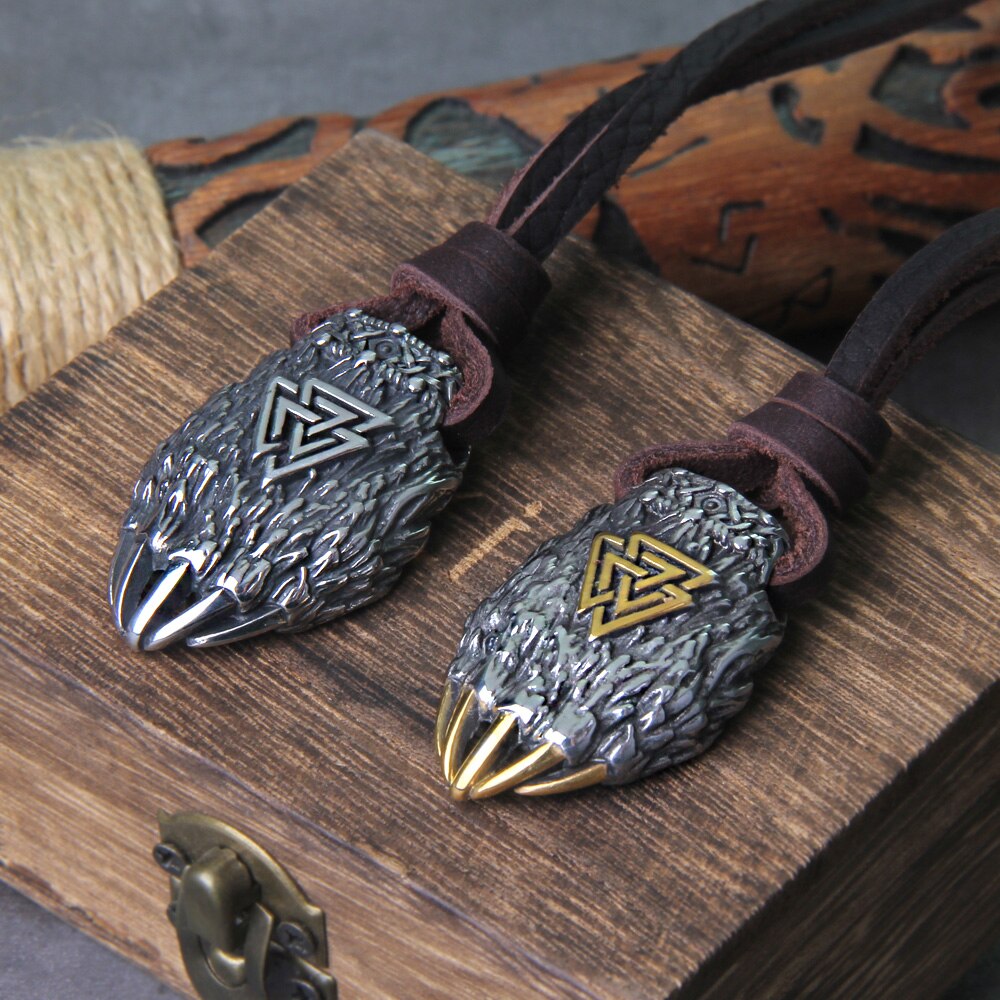 Valknut Tiwaz Engraved Bear Claw Necklace - Wheat Chain & Leather Viking Amulet 0 The Pagan Trader   