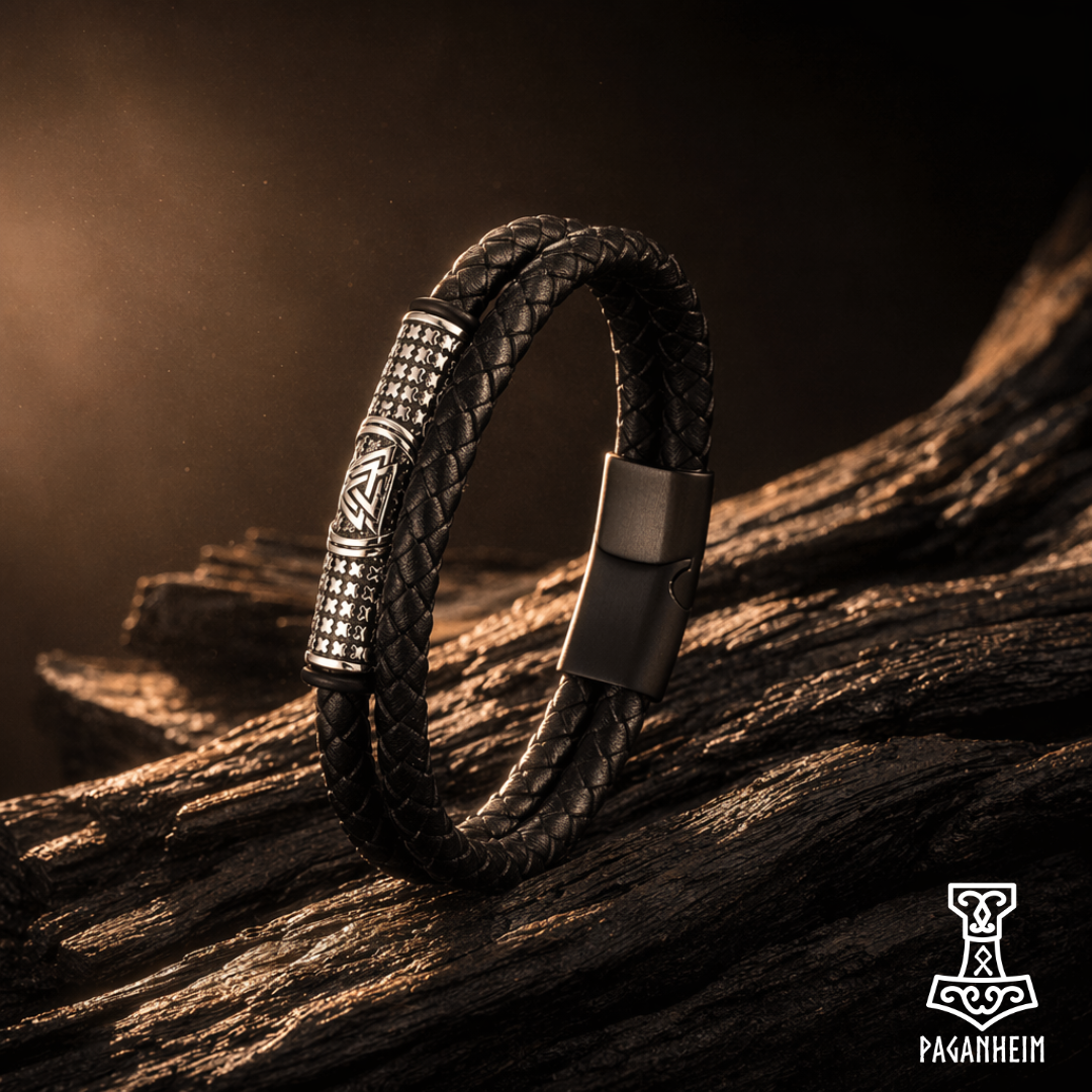 Leather rope bracelet with stainless steel Valknut clasp.
