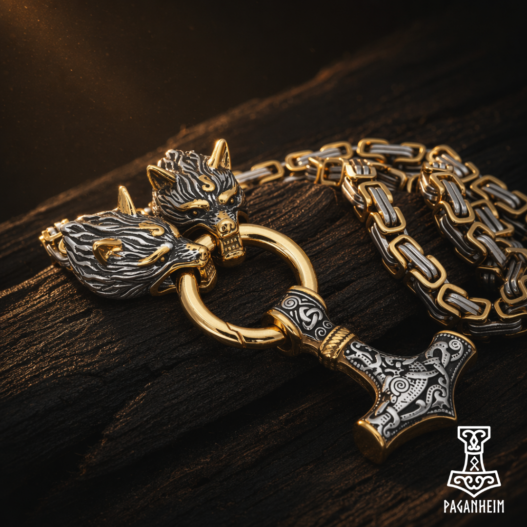 Gold and silver pendant with wolf heads on a dark wooden surface, featuring the brand 'Paganheim'.