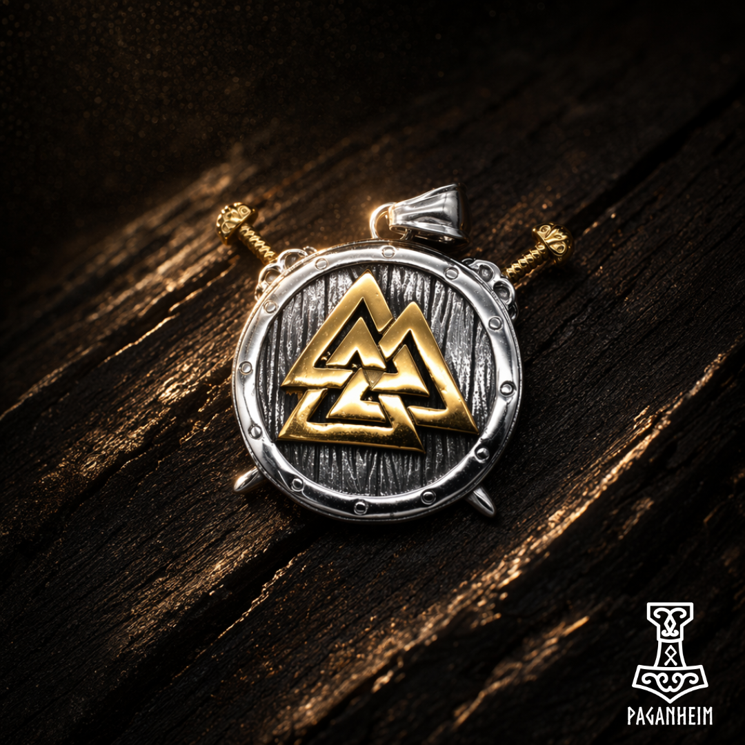 Medallion with Valknut design on a wooden surface, featuring the brand 'Paganheim'.