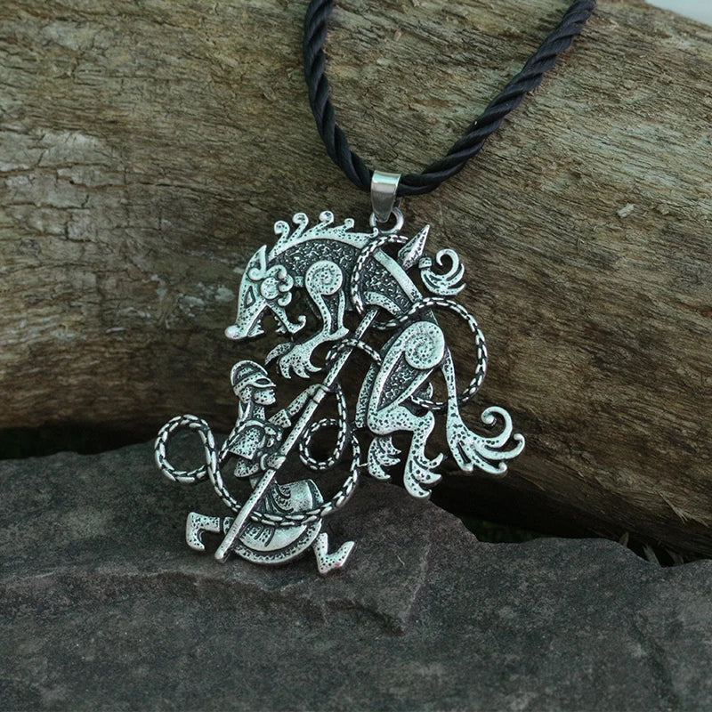 Full view of Ragnarok battle necklace with Vidarr and Fenrir
