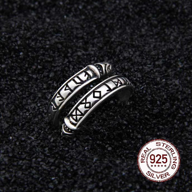 S925 Sterling Silver Serpent Spiral Ring with Elder Futhark Runes