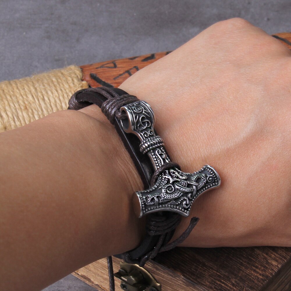 Leather Wrapped Viking Mjölnir Bracelet 0 The Pagan Trader Black  