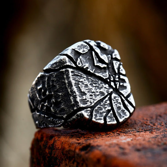 Old Norse, Celtic, Viking & Pagan Jewellery | Himinbjörg Ring - Front Image | Crafted to look like its been carved out of rock, with cracks seeping throughout the design.