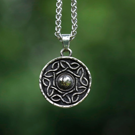 Old Norse, Scandinavian & Celtic Jewelry Piece - Image Displays a Vikingr Shield Etched with Irish Celtic Knot Artistry All Across the Shield Pendant | Front Image