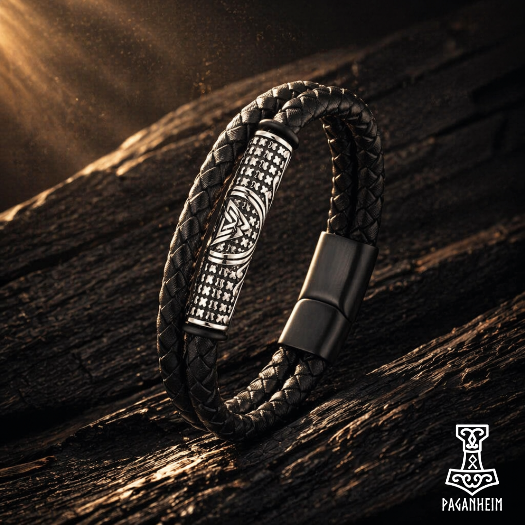 Leather bracelet with metal clasp on a wooden surface, featuring the Paganheim brand.