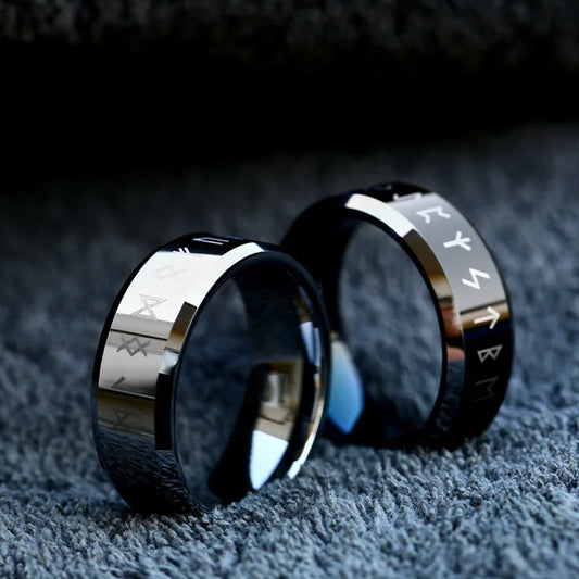 Nordic rune rings with Elder Futhark inscriptions, crafted from stainless steel and tungsten.