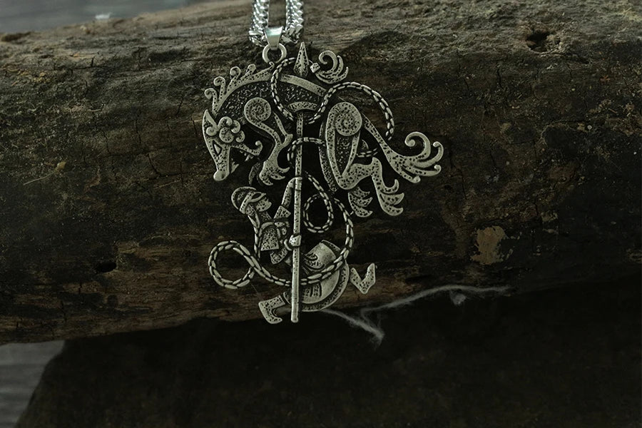 Detailed shot of Old Norse artistry on Vidarr vs Fenrir pendant