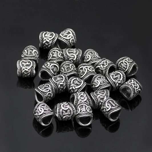 24pcs complete set of beard beads engraved with elder futhark runes and the web of wyrd symbol.