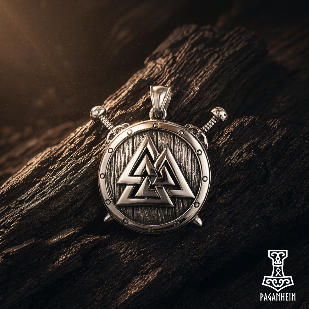 Silver Valknut pendant on a wooden background with Paganheim logo.