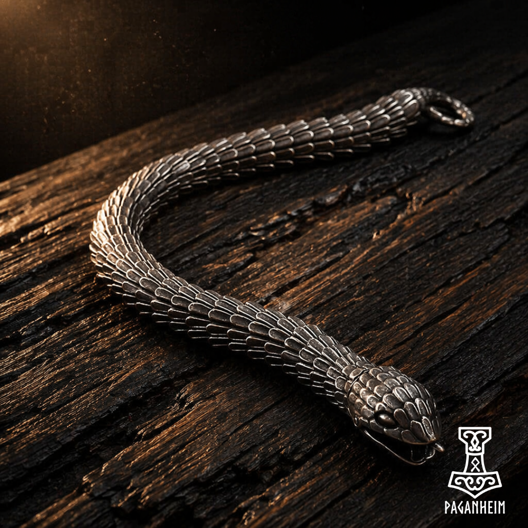 Bronze snake-shaped bracelet on a wooden surface with Paganheim logo.