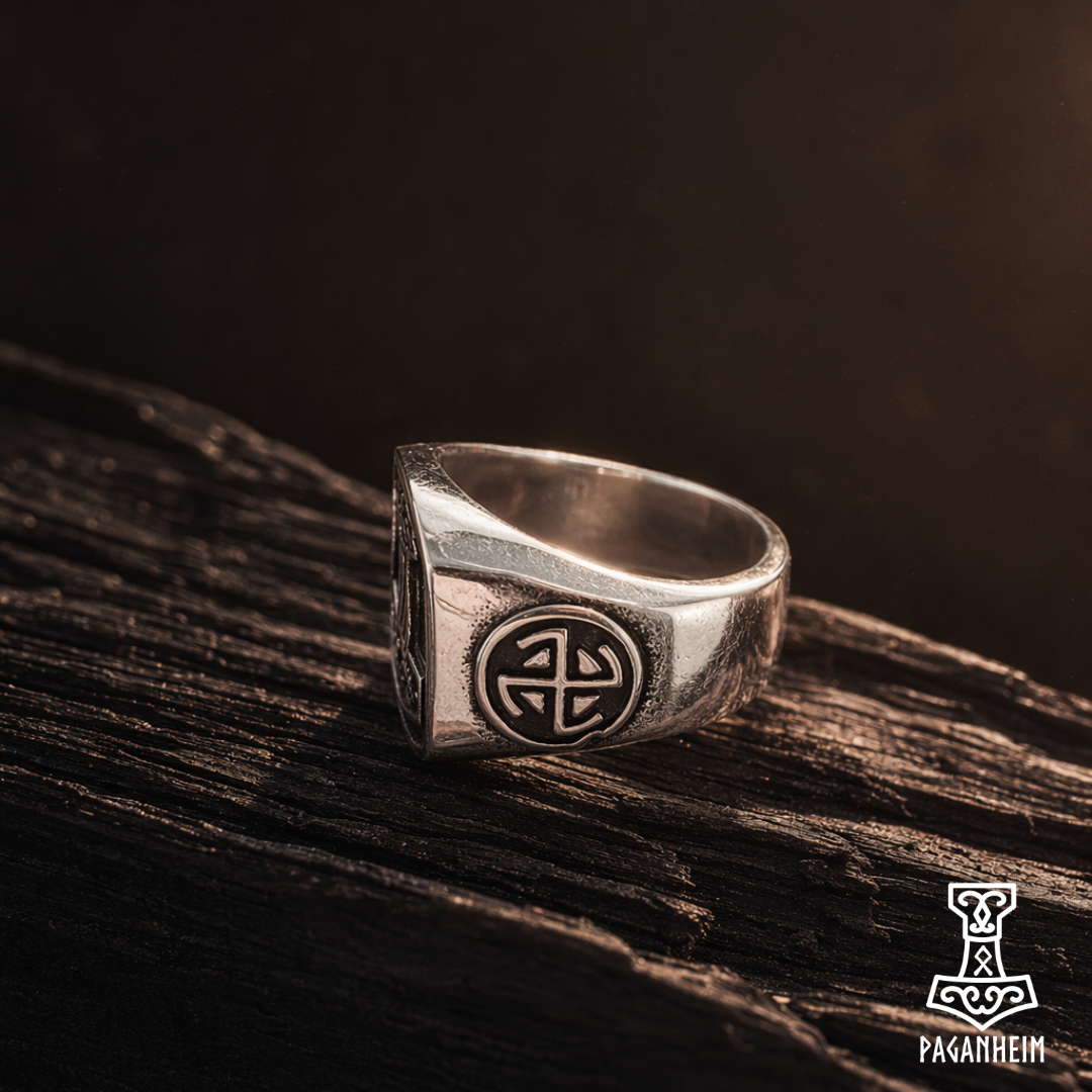 Germanic-style ring featuring Þórr’s hammer signet with interwoven face design.