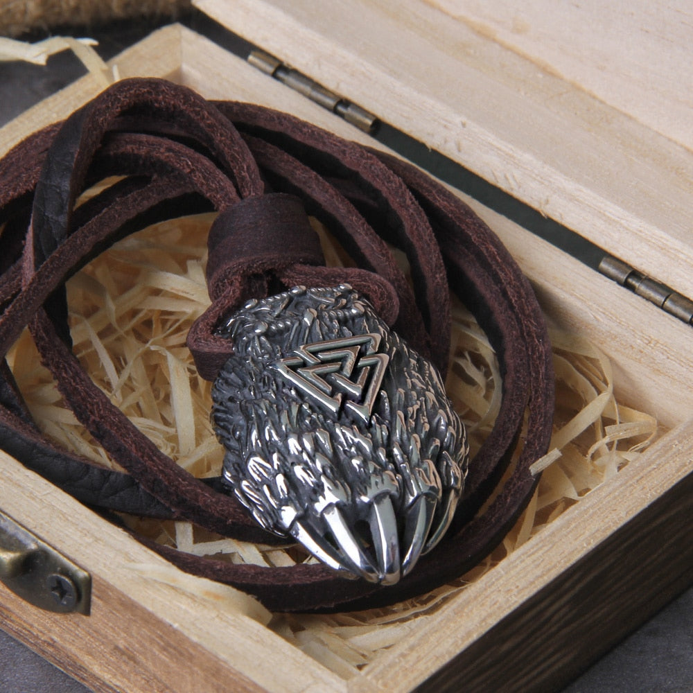 Valknut Tiwaz Engraved Bear Claw Necklace - Wheat Chain & Leather Viking Amulet 0 The Pagan Trader Leather Silver 50cm