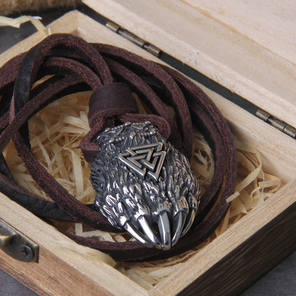 Valknut Tiwaz Engraved Bear Claw Necklace - Wheat Chain & Leather Viking Amulet 0 The Pagan Trader Leather Silver 50cm