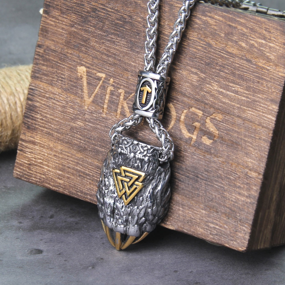 Valknut Tiwaz Engraved Bear Claw Necklace - Wheat Chain & Leather Viking Amulet 0 The Pagan Trader   