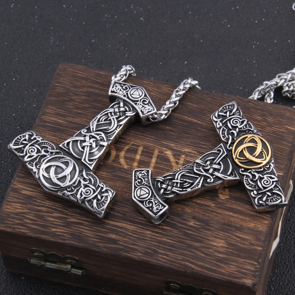 Triquetra Mjölnir - Gold & Silver Nordic Urnes Art Engraved Thor's Hammer 0 The Pagan Trader   