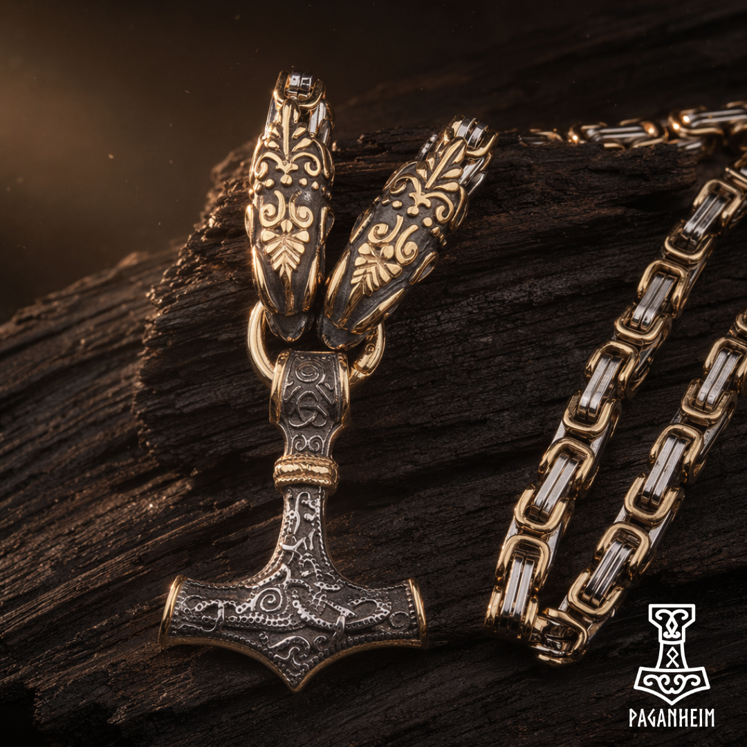 Close up photo. serpent-clasped Mjolnir amulet with gold and silver detailing