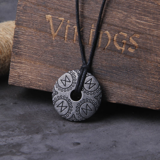 An Old Norse Viking Amulet Inspired by Old Norse Mythology - A Circular Necklace Engraved with 4 Dagaz Runes Engraved in the Pendant - Front Image 1