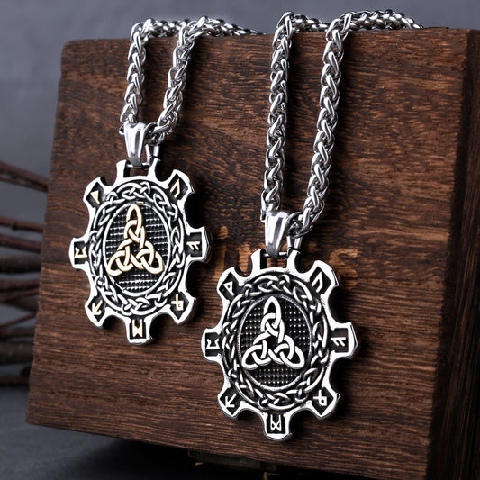 Old Norse, Viking & Celtic Jewelry Necklace Piece - Image Displays both Silver & Gold Variants, Amulet Pendant's are in the Shape of a Cog, with each Edge Piece Engraved with Elder Futhark Runes. In the Heart of the Pendant Is the Celtic Knot Etched into it | Front Image 1