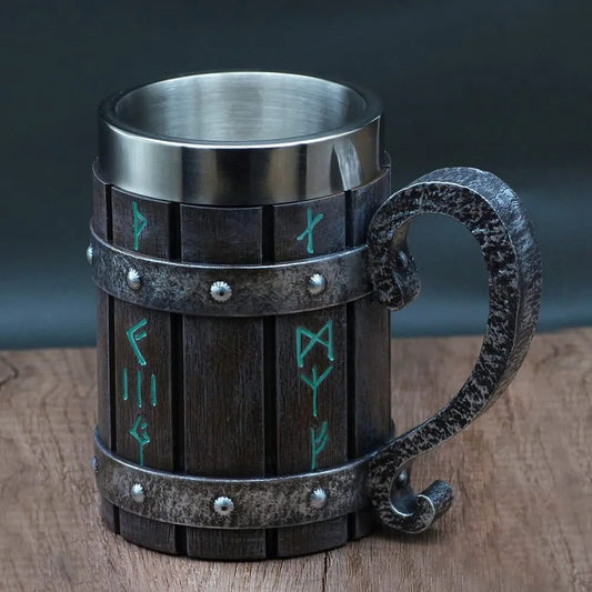 An Old Nordic Viking Tankard Heavily Inspired by the Mead of Poetry Poem from the Poetic Edda in Norse Mythology. It is in the Shape of a Beer Barrel Keg, Engraved with Blue Elder Futhark Runes - Front Image