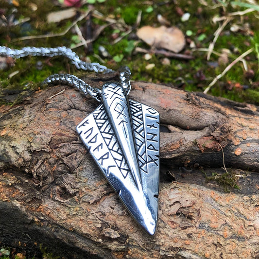 Stainless Steel Elder Futhark Engraved Spearhead Pendant Necklace | Odin's Spear - Gungnir
