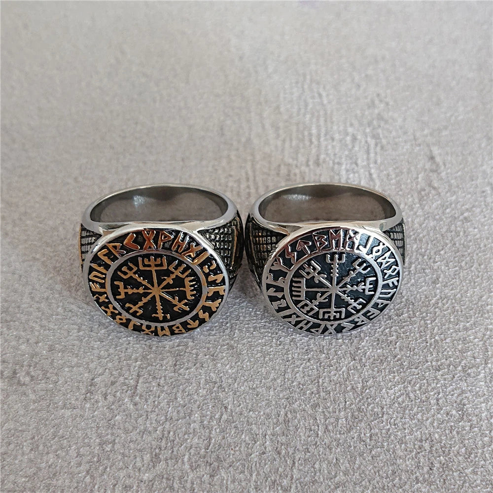 Vegvísir and Valknut Stainless Steel Norse Viking Rings