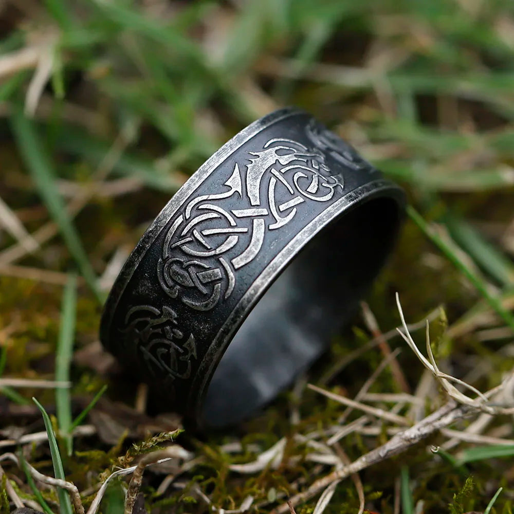 Jelling-style Old Norse art wrapped around an aged-look ring.