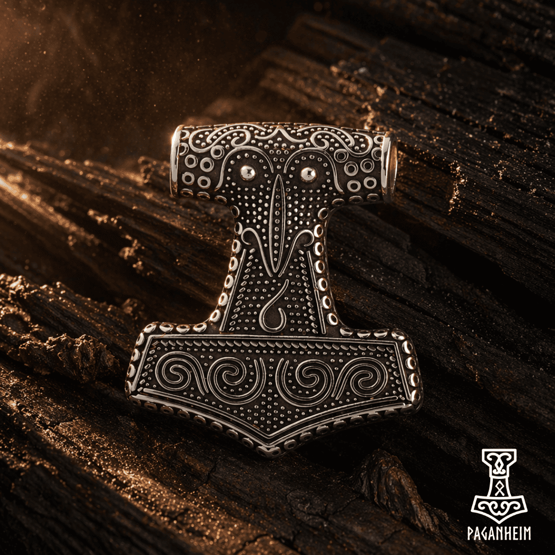 Mjölnir pendant with detailed dot and swirl patterns resting on dark twigs