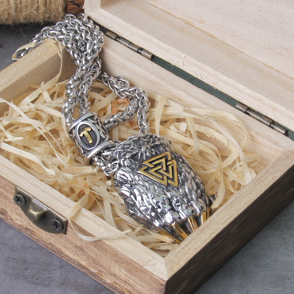 Valknut Tiwaz Engraved Bear Claw Necklace - Wheat Chain & Leather Viking Amulet 0 The Pagan Trader Chain Gold 50cm