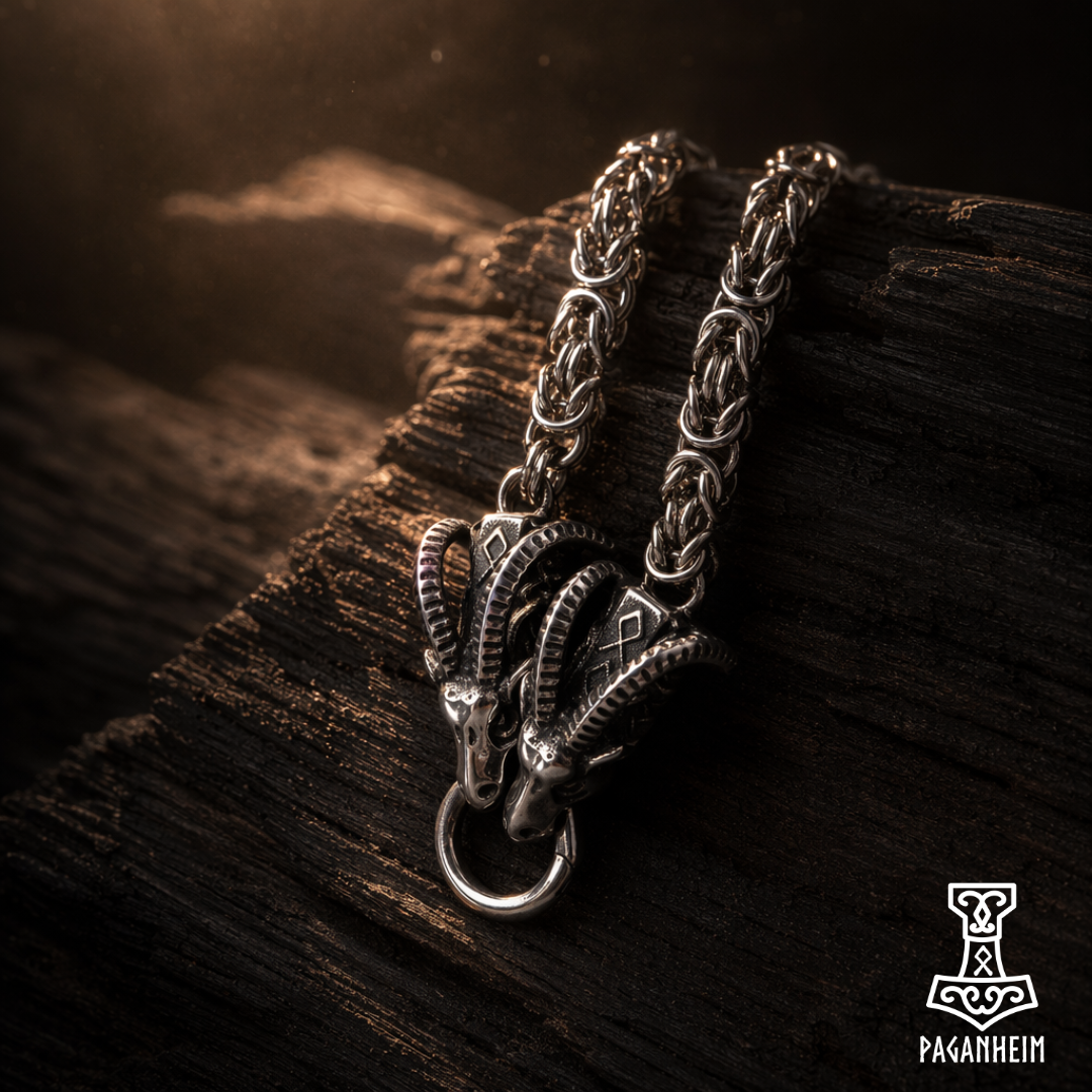 Silver chain bracelet, featuring Thor's goats, with intricate design on a dark wooden surface, featuring the Paganheim logo.