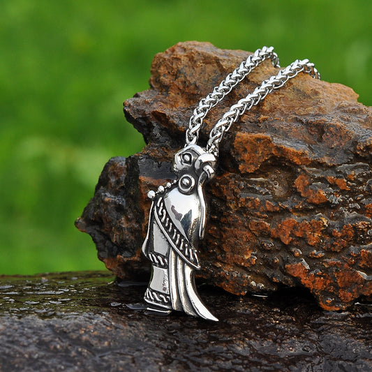 Close-up view of a Valkyrie pendant necklace inspired by ancient Norse Tissø find. Detailed craftsmanship with intricate features.