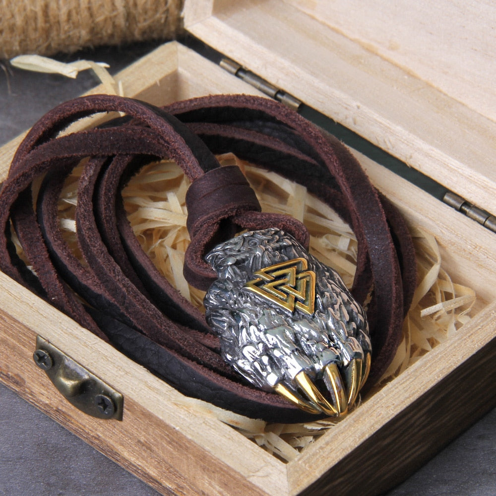 Valknut Tiwaz Engraved Bear Claw Necklace - Wheat Chain & Leather Viking Amulet 0 The Pagan Trader Leather Gold 50cm