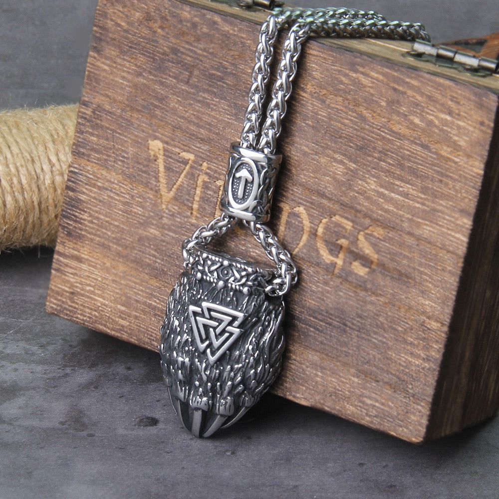 Valknut Tiwaz Engraved Bear Claw Necklace - Wheat Chain & Leather Viking Amulet 0 The Pagan Trader   