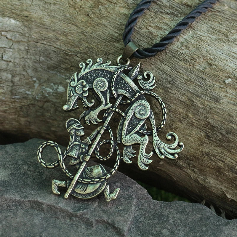 Detailed view of Fenrir necklace showing him loosened chains in Old Norse Urnes art style
