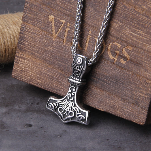 Detailed Mjolnir Amulet with Celtic Knot weave, featuring the valknut symbol at its core—a symbol of Viking warriors chosen by Odin
