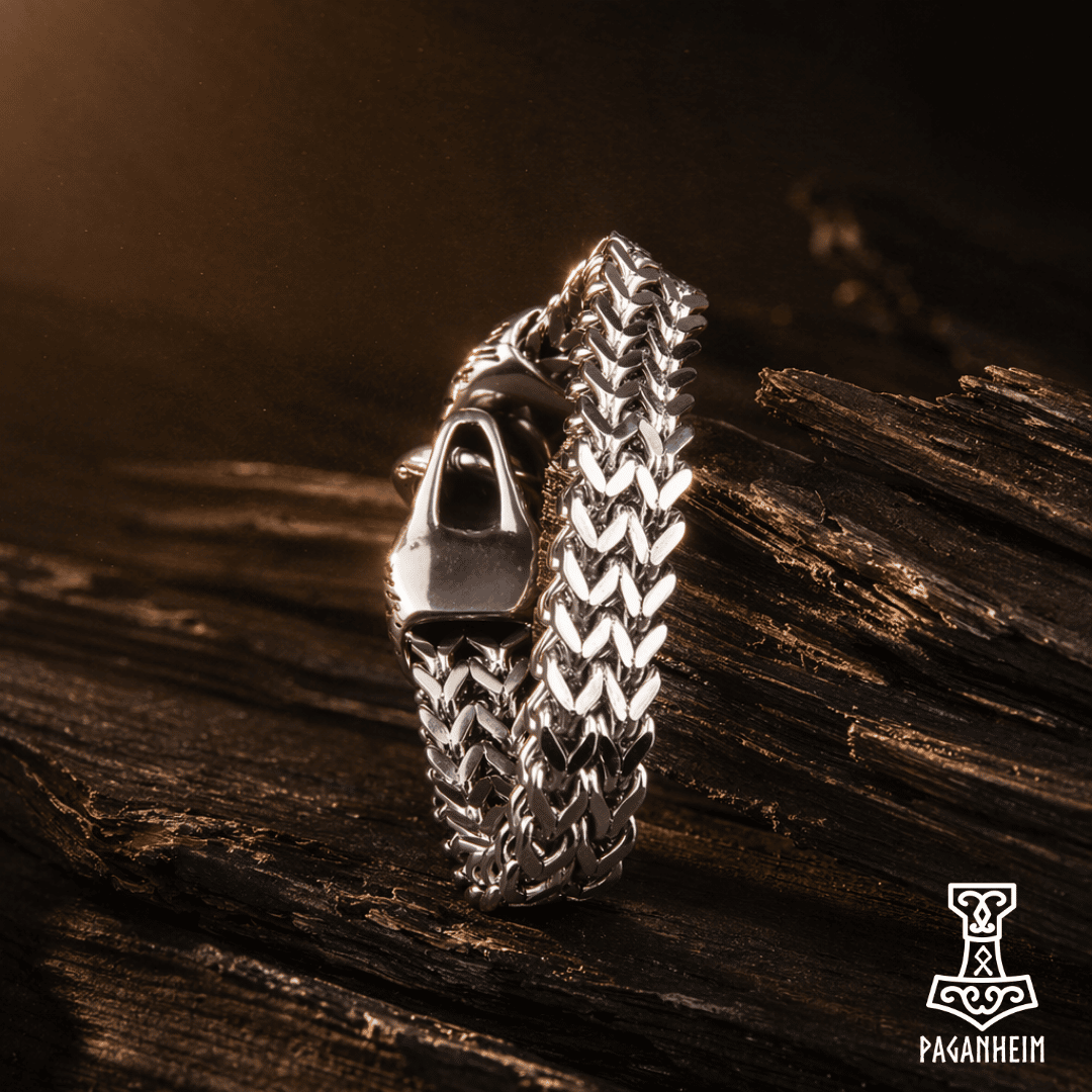 Dual wolf head bracelet symbolising Odin’s companions Geri and Freki