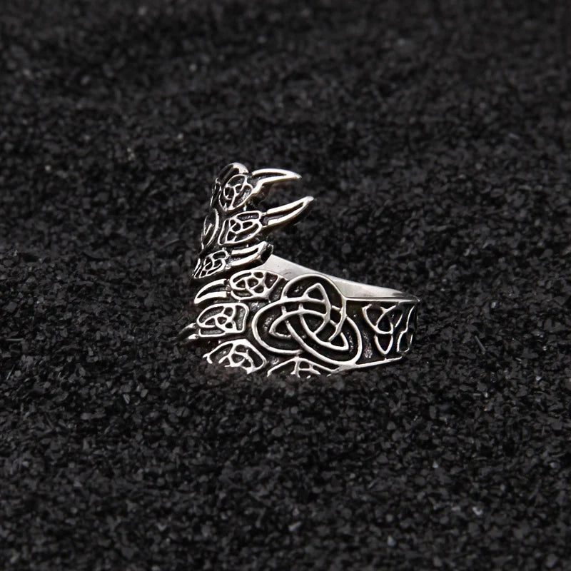 Detailed sterling silver bear claw ring with Celtic knot design