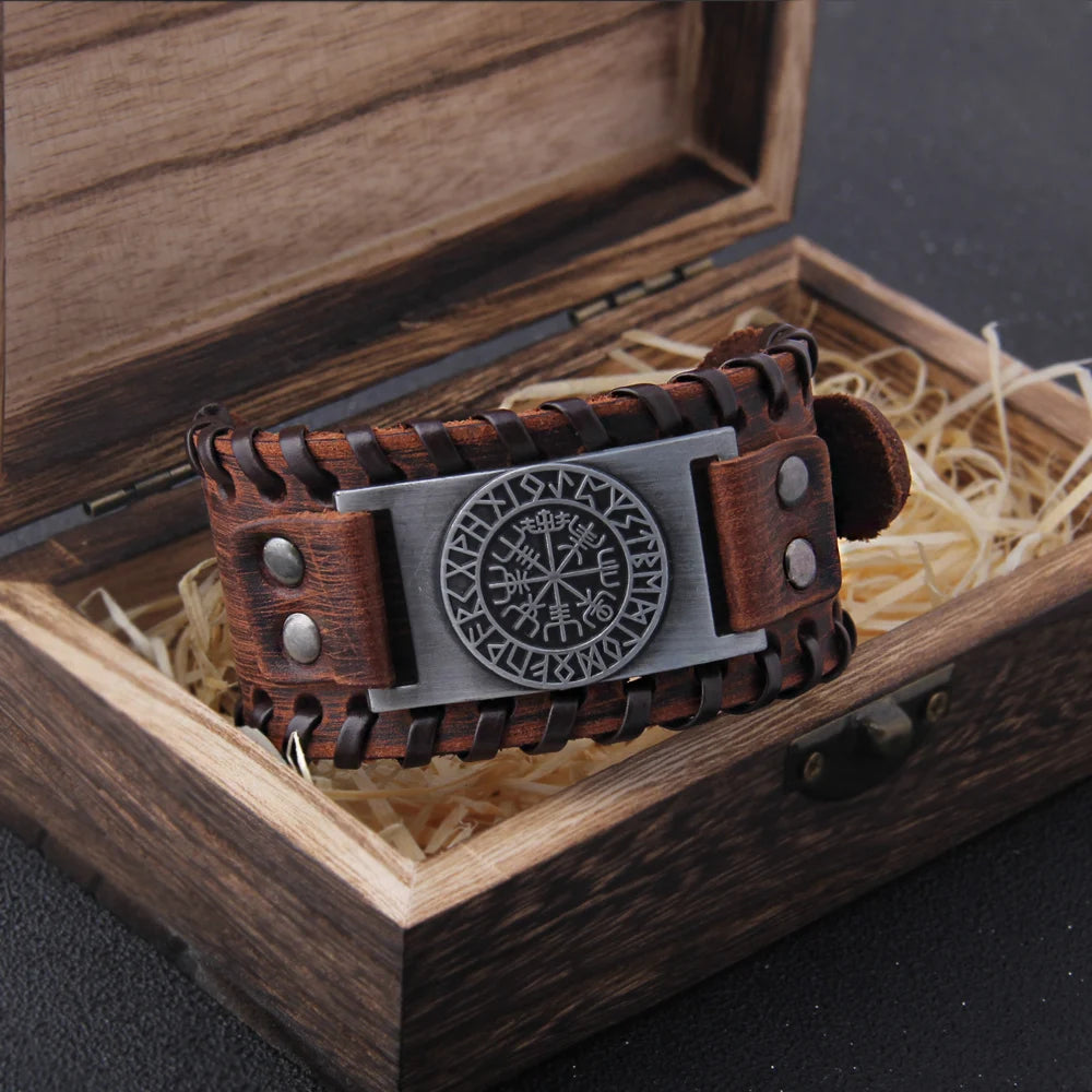 Icelandic Vegvísir Talisman - Rustic Wide Leather Viking Bracelet  The Pagan Trader   