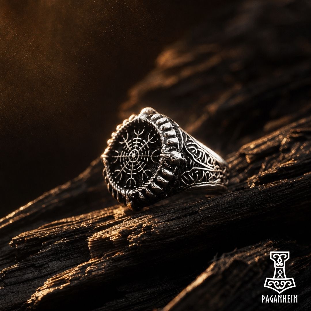 Ring featuring Ægishjalmr Helm of Awe symbol with ornate border