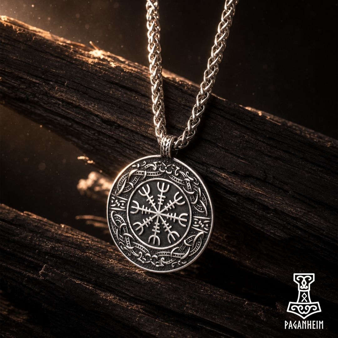 Ægishjálmr pendant resting on dark wood under warm light