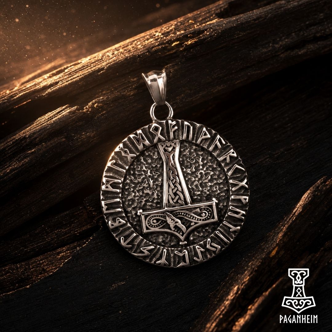 Helm of Awe and Mjolnir symbols engraved on reverse side of Norse amulet