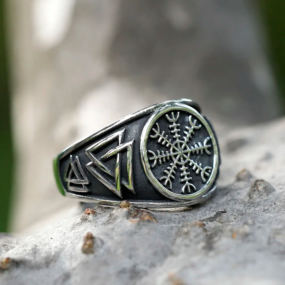 Ring design representing Viking heritage with Helm of Awe and Valknut engravings.