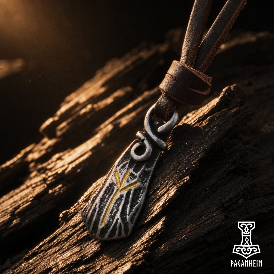 Steel pendant engraved with Algiz rune resting on dark wood