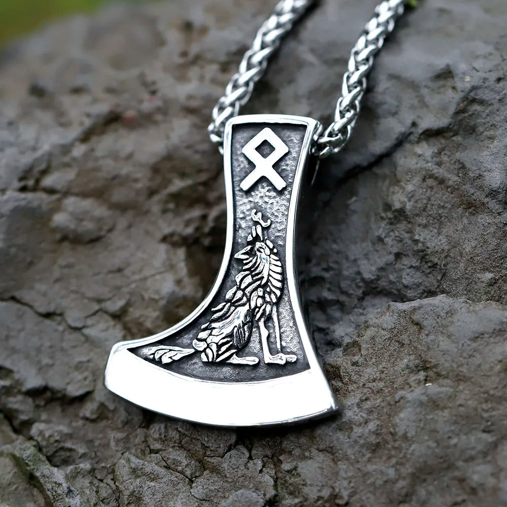 Amulet with Dane axe pendant featuring Othala rune and howling wolf.