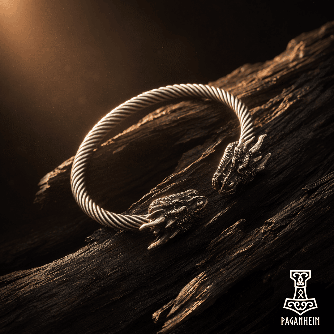 Full shot photo of dragon-headed arm ring inspired by historical viking-age arm rings.