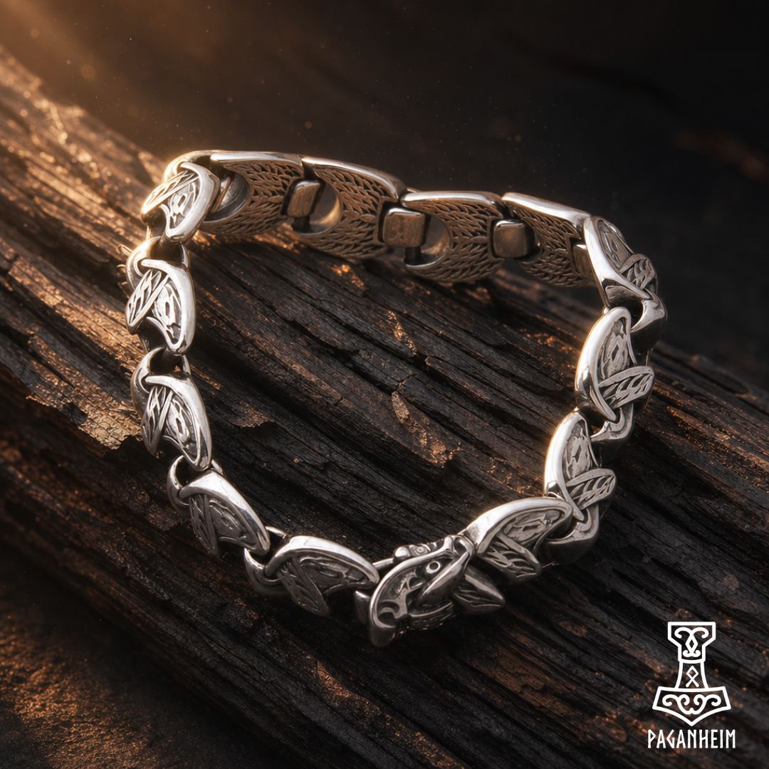 A silver-toned Viking-style link bracelet with knotwork and hammerhead motifs, displayed on a dark textured wooden surface.